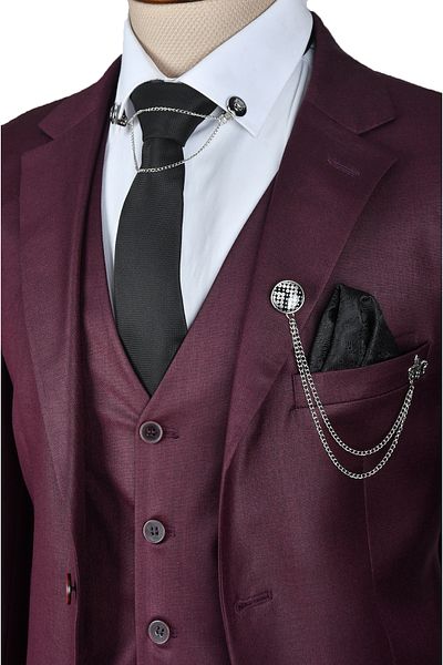DeepSEA Férfi Slim Fit Plum 3 részes öltöny - dupla gombos és hasított részletekkel 2301501