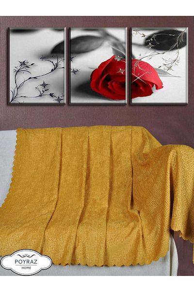 POYRAZ Shiny Patterned Chenille Mustard Double Sided Sofa Sofa Bed Cover Shawl