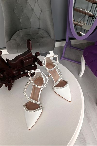 LA CALZATURE Rochie de seara din piele alba cu toc de 6 cm - Pantofi de dama cu centura la glezna cu pietre