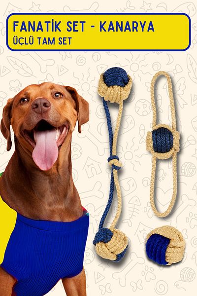 Proud Wave Dog Toy Fanatic Triple Set Dental Floss Tooth Health Dog Ball Yellow Navy Blue Medium Large Breed Teeth Scratching