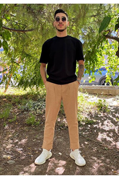 enmodaiçgiyim Men's - Comfortable Fit, Elastic Waist Pleated Cotton Linen Pants