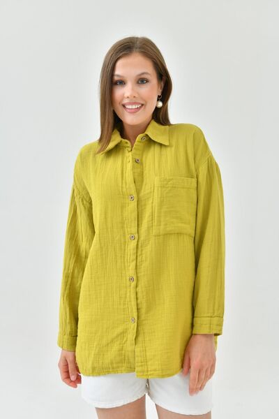 enmodaiçgiyim 100% Cotton Muslin Fabric Women's Shirt – Oil Green Color, Long Sleeve, Comfortable Fit, 4 Season Model