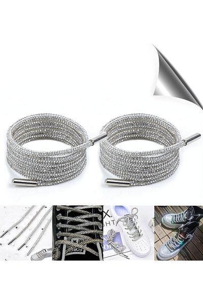 AiryFooT رباط حذاء كريستال ستون لامع 100 سم 1 زوج (فضي)