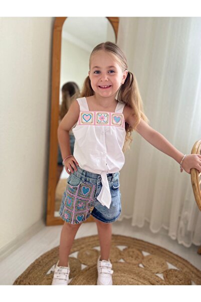 BERFONZO KIDS Комплект от деним и бродирани детайлни шорти за момиче за празн...