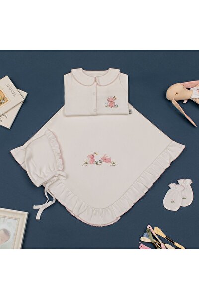 Florijee Pink Rabbit El Işi Tavşan Işlemeli Organik Yenidoğan Hastane Çıkış S...