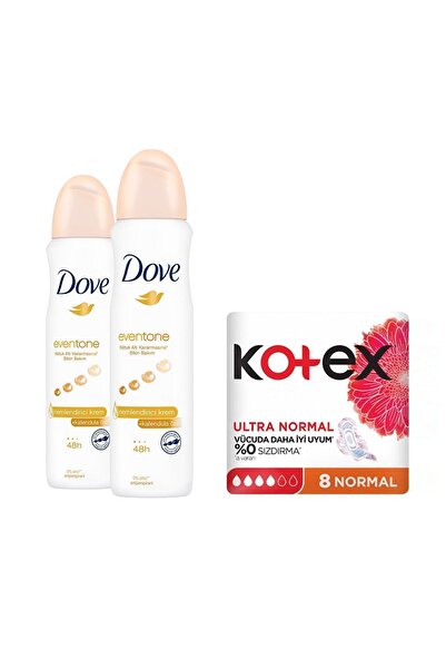 Dove Kadın Sprey Deodorant Eventone 150 ml x2 + Kotex Ped Ultra Normal 8'li