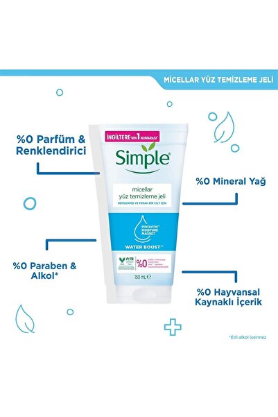 Simple Water Boost Micellar Yüz Temizleme Jeli Nemlenmiş Ve Ferah Bir Cilt Için 150 ml