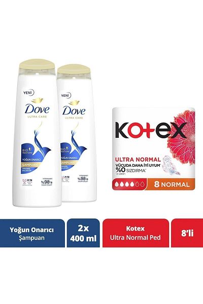 Dove Ultra Care Hair Care - Intensive Repair 400ml X2, Kotex Pad, Ultra Normal 8 Pack