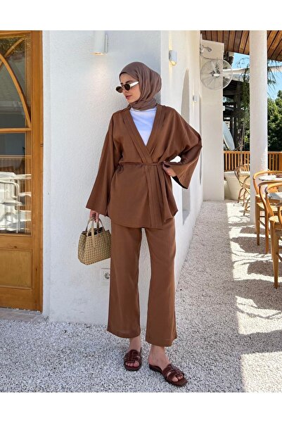 My Blog Vászon kimonó készlet - 100% pamut, barna részletes, oldalt megkötve