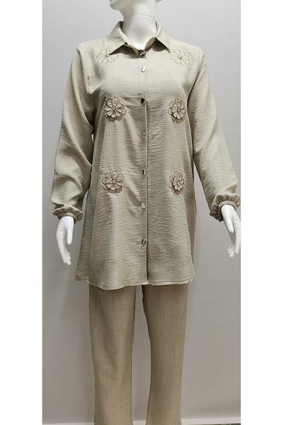B.HE.Z Ayrobin Linen Tunic - Shirt Collar, Daisy Pattern, Long Sleeve Set