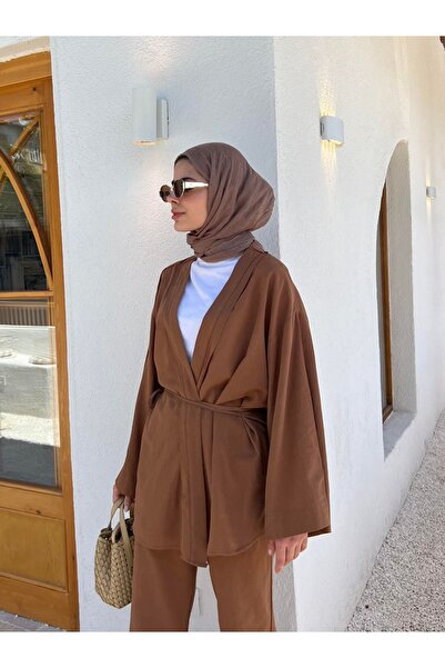 My Blog Vászon kimonó készlet - 100% pamut, barna részletes, oldalt megkötve