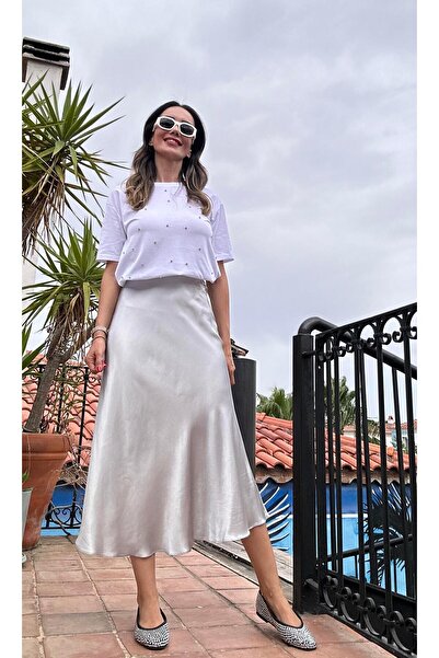 Atelier Derin Açık Gri Midi Saten Etek