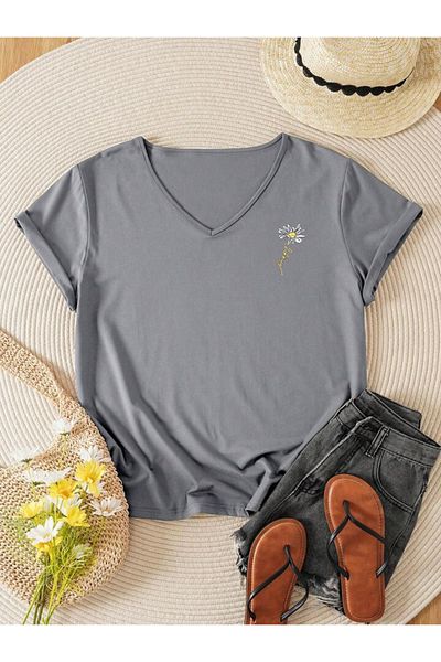 FAVORİST Tricou pentru damă cu decolteu în V cu imprimeu Daisy - Croială normală
