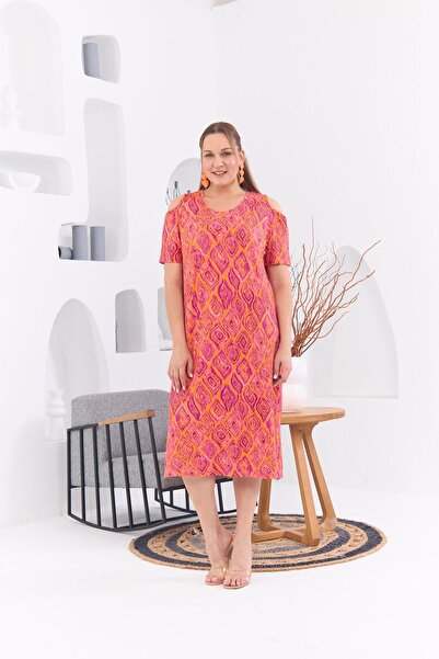 RMG Omuz Detaylı Büyük Beden Desenli Oranj Elbise