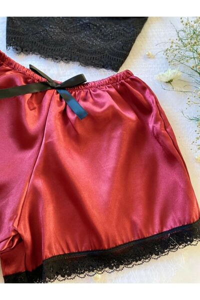 lenastella Bordo Saten Şortlu Bralet Takım