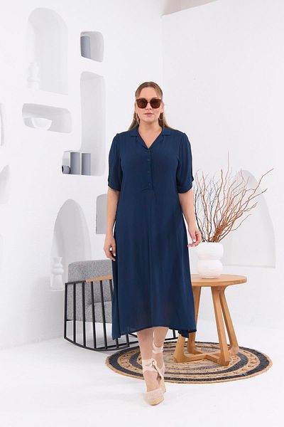 RMG Navy Blue Viscose Plus Size Dress - Sleeve Slit Detail