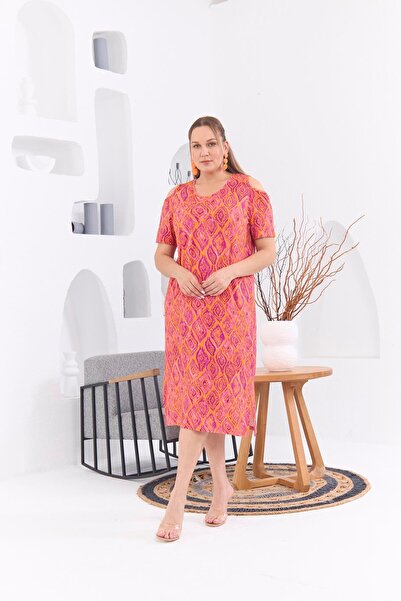RMG Omuz Detaylı Büyük Beden Desenli Oranj Elbise