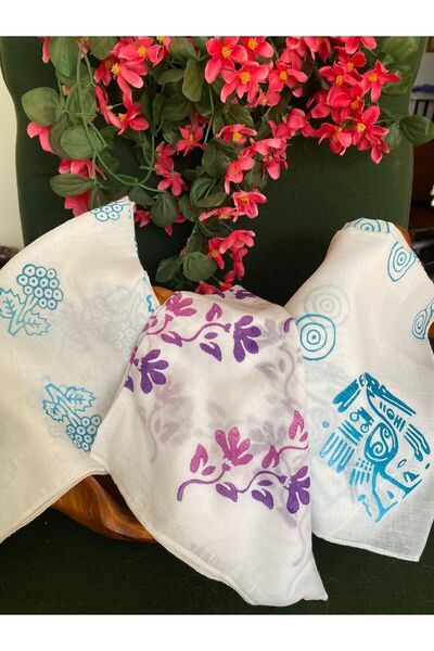 leillART White Patterned 3-Piece Cotton Women's Hair Bandanas - Handmade