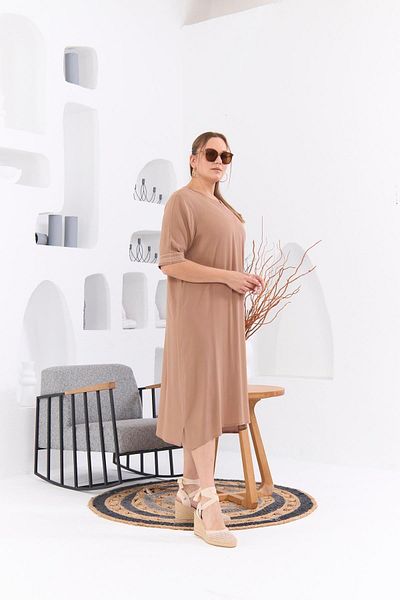 RMG Plus Size Mink Casual Dress - Collar and Sleeve Embroidery Detail