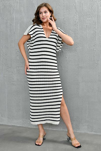 vuvutasarım Ecru Midi Striped Knitwear Beach Dress - Shirt Collar, Bat Sleeve and Slit Detail 2113