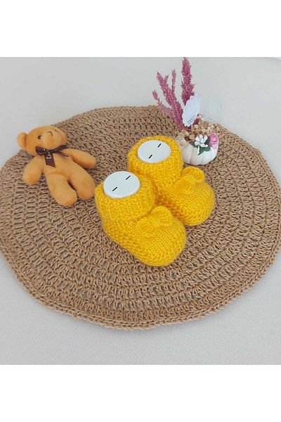 BEGİN 0-6 Months Yellow Newborn Gift Baby Dress - Acrylic Wool, Slippers Booties, Bow Detailed Birthday Anni