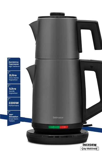 GOLDMASTER Anthracite İncedem - Non-Drip Mouth Steel Tea Maker and Kettle In-6306An