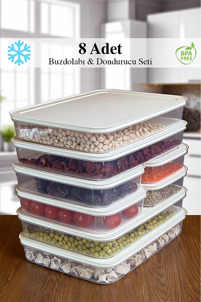 Mutfak Köşesi 8-Piece White Refrigerator Organizer - Microwave and Freezer Storage Container, 4 X 2600 ml and 4 X 1300 ml