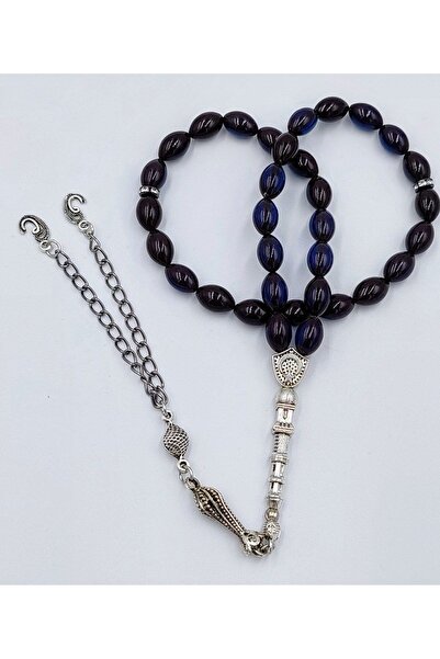 İbrahim Altıntaş ARPA KESİM SİYAH/MAVİ ÇİFT ALPAKA PÜSKÜLLÜ ATEŞ KEHRİBAR TESPİH