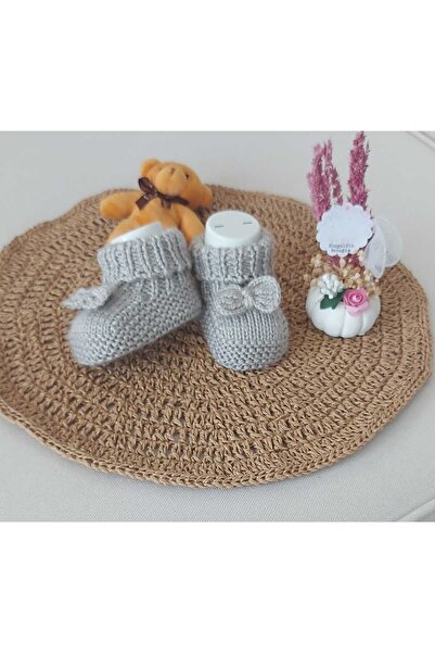 BEGİN 0-6 Months Gray Newborn Gift Baby Hand Knitted Acrylic Wool Slippers - Bow Detailed Birth Memory