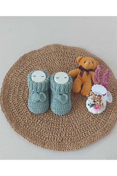 BEGİN Green Baby Hand Knitted Slippers - Bow Detailed, Gift for 0-6 Months Birthday