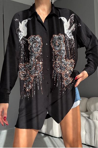 FEMELLE Cămașă oversize pentru femei cu broderie neagră și cu paiete - Mărime standard