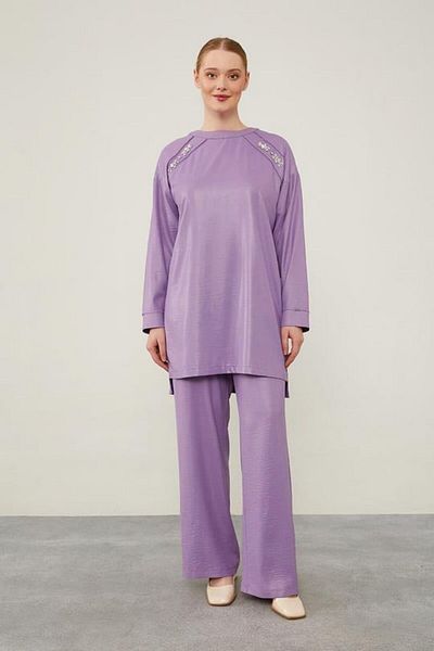 Levidor Stone Embroidered Purple Tunic and Wide Pants Set