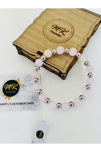 MK tasarım REAL PINK QUARTZ STONE BRACELET| IN THE SPECIAL BOX| CUSTOMER CARD| MK.016.002