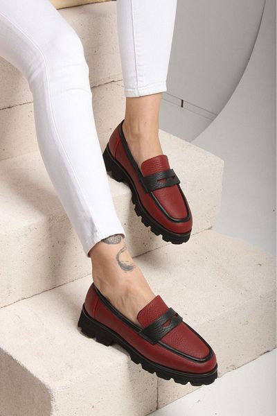 Shan Burgundy Genuine Leather Women's Loafer Shoes