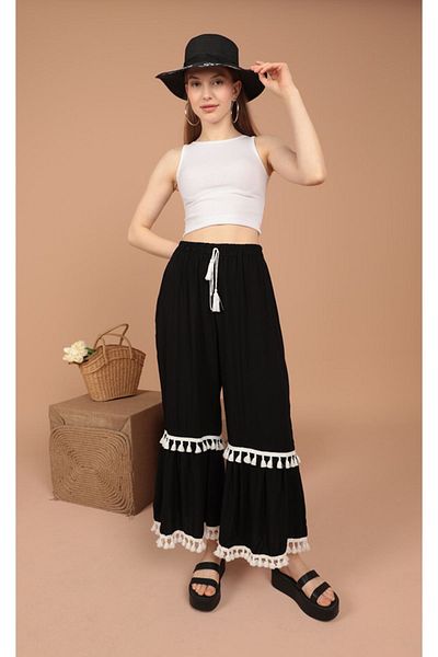 Veform Viscose Women's Loose Trousers - Thin Summer, Elastic Waist, Tassel Detail KKTS3015