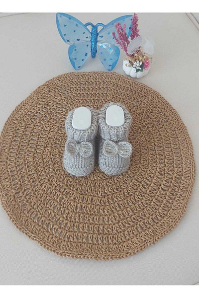 BEGİN 0-6 Months Gray Newborn Gift Baby Hand Knitted Acrylic Wool Slippers - Bow Detailed Birth Memory