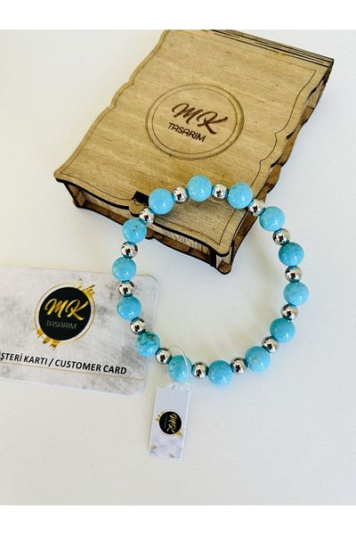 MK tasarım Real Blue Turquoise Stone Bracelet| In Special Box| With Customer Card| Mk.016.005