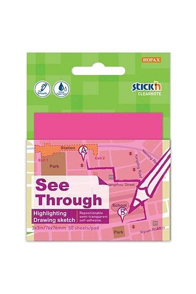 Stickn Transparent Sticky Note Paper & Post It Transparent Pink 76x76 Mm