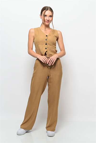 Nuseel Women's Linen Fabric Vest Double Set Mink