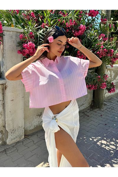 minaaise Cămașă oversize din bumbac cu dungi roz și alb - mânecă scurtă 27312