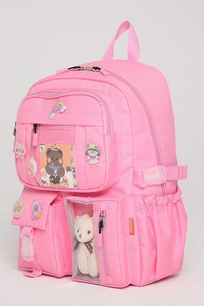 Roxbros Geantă de școală în stil coreean Kawaii cu accesorii Rucsac pentru fete și băieți ROZ DESCHIS