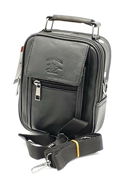 Newish Polo Geantă neagră de mână și de umăr din piele naturală pentru bărbați