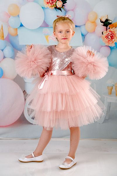 Mixie Girls' Powder Buckle Pompom Sleeves Evening Dress Party Birthday Dress