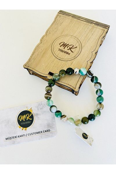 MK tasarım REAL GREEN BANDED AGATE STONE BRACELET| IN SPECIAL BOX| CUSTOMER WITH CARD MK.009.015