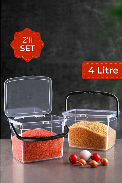 Vienev 4 Liter Mega Size 2-Piece Square Flour Pulses Container - Storage Box Container with Handle White