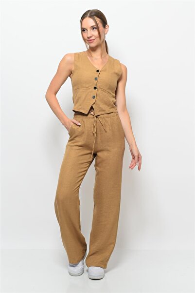 Nuseel Women's Linen Fabric Vest Double Set Mink