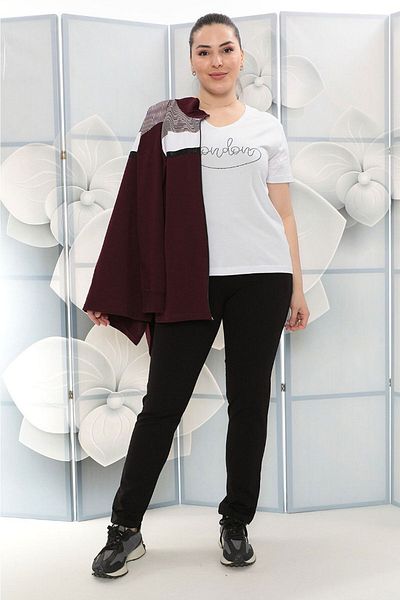 WND SPORT Stand Collar Striped Embroidered Stone Detail Classic Leg 3-Piece Wnd Women's Plus Size Tracksuit Set