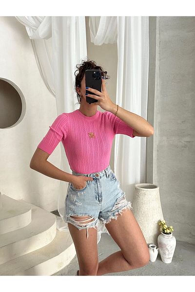 StickerFashion Πλεκτή Μπλούζα - Με Λεπτομέρειες Αξεσουάρ