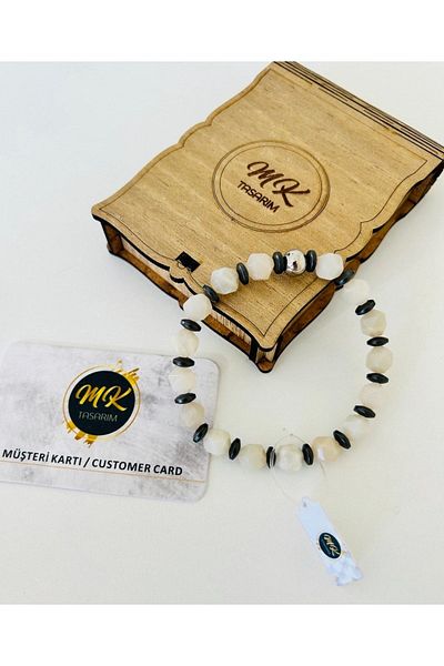 MK tasarım Real Moonstone - Hematite Stone Bracelet| Mktasarim in Special Box| Mktasarım Custom Customer Card