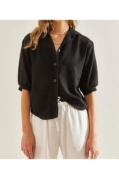 HARMONY GLOBAL Cămașă de vară oversize din in negru cu jumătate de mânecă - Femei